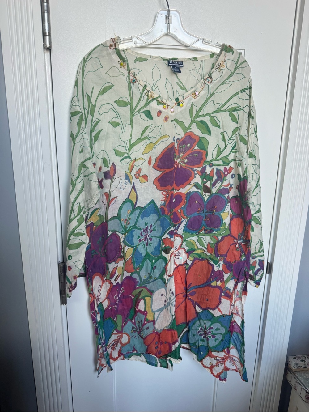 Uniti Casual Floral Scoop Neck Resort Tunic - Cream, Purple, Orange, Green, Blue
